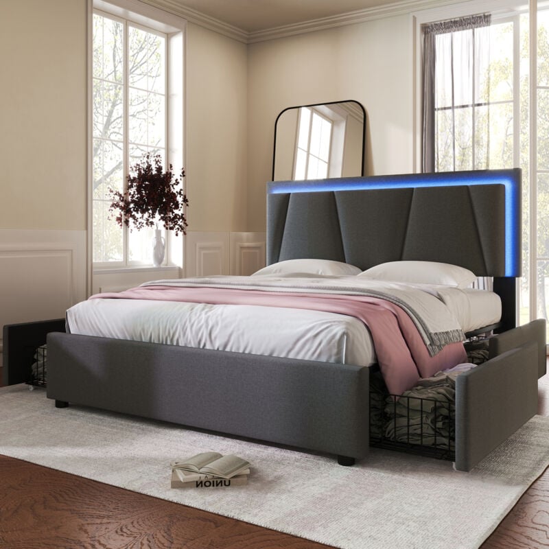 Modernluxe - Lit adulte avec 2 tiroirs et led - tissu en lin - 160x200 cm - Gris