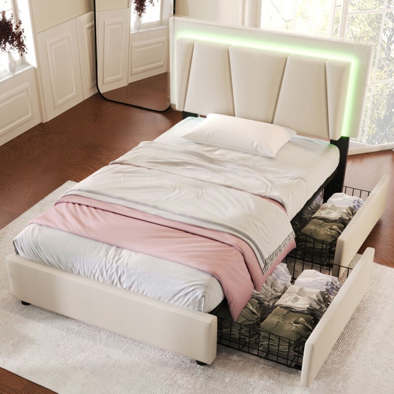 Modernluxe - Lit adulte avec 2 tiroirs et led - tissu en lin - 90x200 cm - Beige