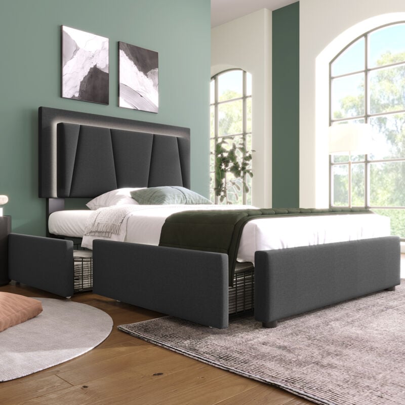 Modernluxe - Lit adulte avec 2 tiroirs et led - tissu en lin - 90x200 cm - Gris