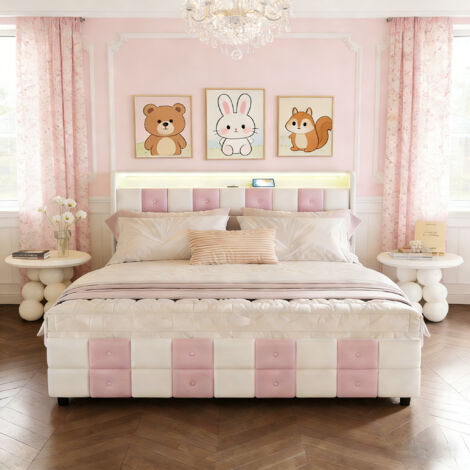 Lit adulte avec 4 tiroirs 140x200 cm, Velours Blanc-Rose, Lit double capitonné avec éclairage LED et ports USB, Sommier à lattes en bois, Style scandinave
