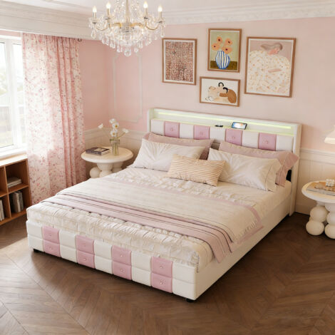 Lit adulte avec 4 tiroirs 160x200 cm, Velours Blanc-Rose, Lit double capitonné avec éclairage LED et ports USB, Sommier à lattes en bois, Style scandinave