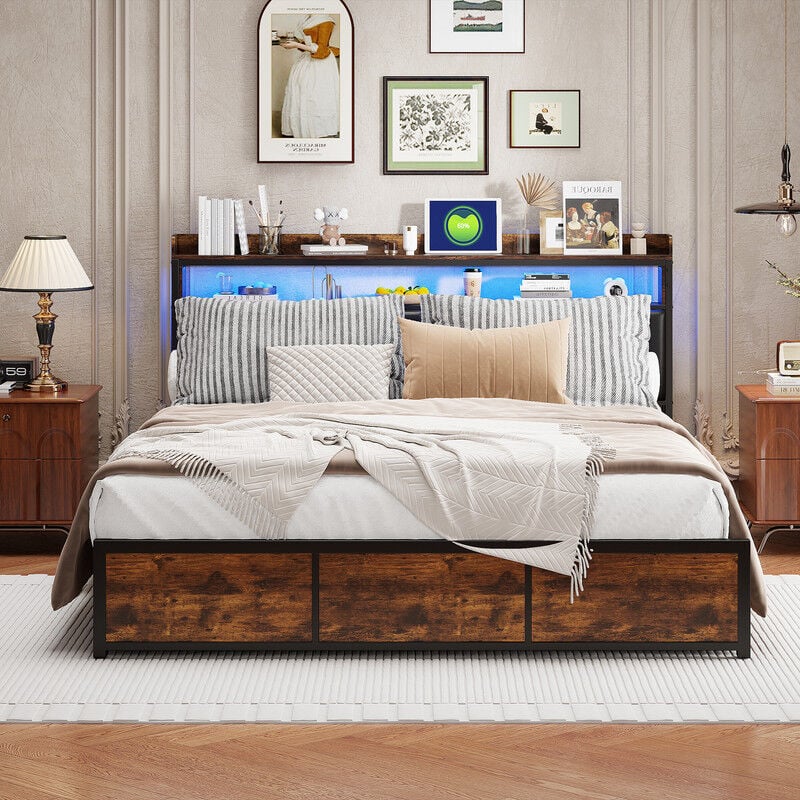 Lit adulte avec 4 tiroirs, Lit 160 x 200 avec LED et tiroirs, lit rembourré avec sommier à lattes,LED, PU,noir