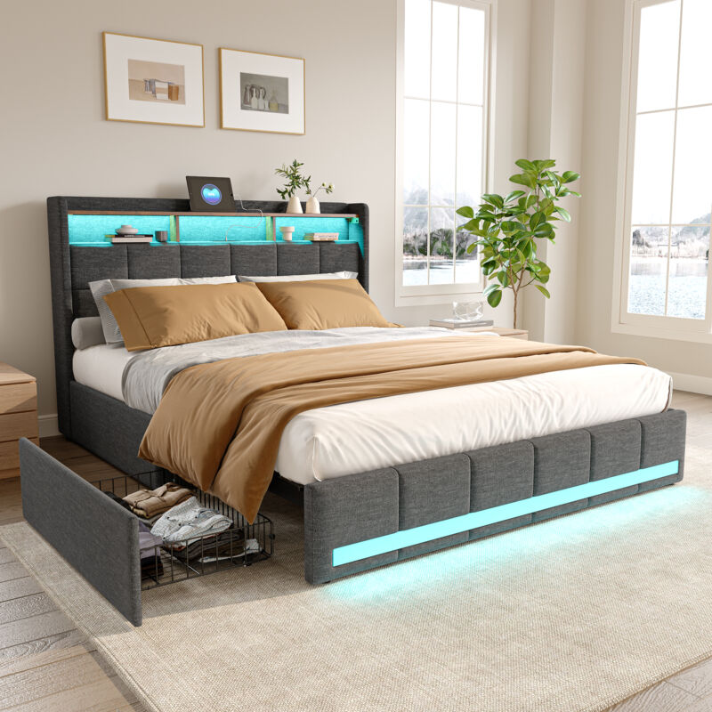 Lit adulte 160x200 cm, Lit double avec 4 tiroirs, lit capitonne beige dans lit adulte, avec sommier à lattes, bande lumineuse led réglable, usb port