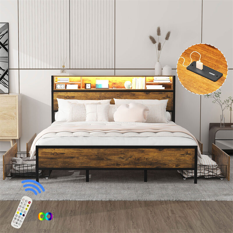 Fortuna Lai - Lit adulte avec 4 tiroirs, sommier à lattes, tête de lit led avec chargement usb et fonction rangement, MDF+métal, marron 140x200cm