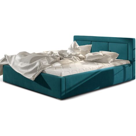 Lit adulte avec coffre de rangement Berlino - Velours rembourré-Bleu canard-160x200
