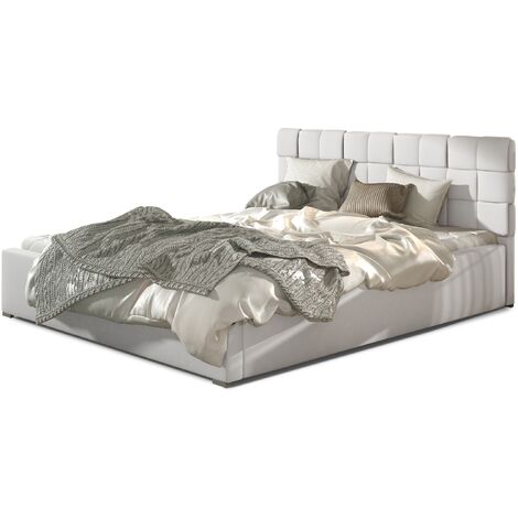 Lit adulte avec coffre de rangement Kanda – Simili cuir capitonné-Blanc-160x200