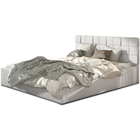 Lit adulte avec coffre de rangement Kanda – Simili cuir capitonné-Blanc-180x200