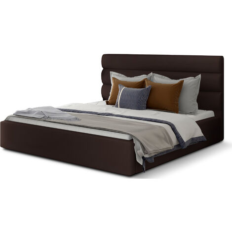 Lit adulte avec coffre de rangement Klarina - Simili cuir rembourré-Marron foncé-160x200