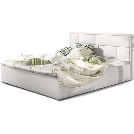 Lit adulte avec coffre de rangement Lenzo – Simili cuir rembourré-Blanc-160x200