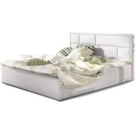 Lit adulte avec coffre de rangement Lenzo – Simili cuir rembourré-Blanc-180x200