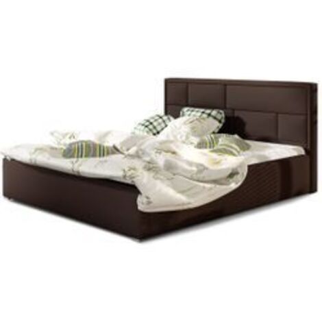 Lit adulte avec coffre de rangement Lenzo – Simili cuir rembourré-Marron-180x200