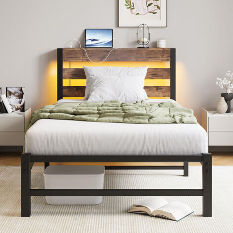 Lit adulte, avec éclairage LED et station de recharge USB, structure métallique, matelas non inclus, marron - 90 x 200 cm