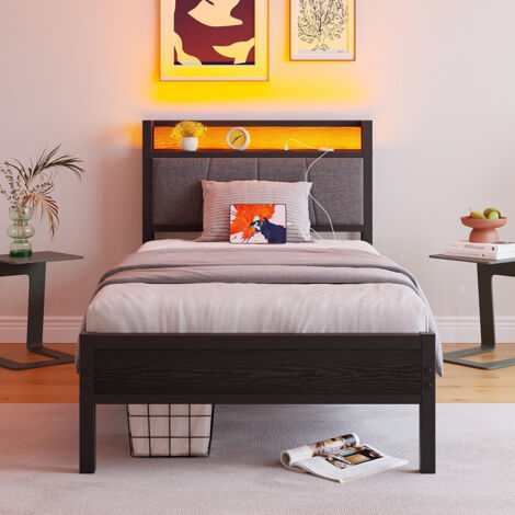 Lit adulte avec éclairage LED intelligent et ports USB, structure métallique, noir - 90 x 200 cm