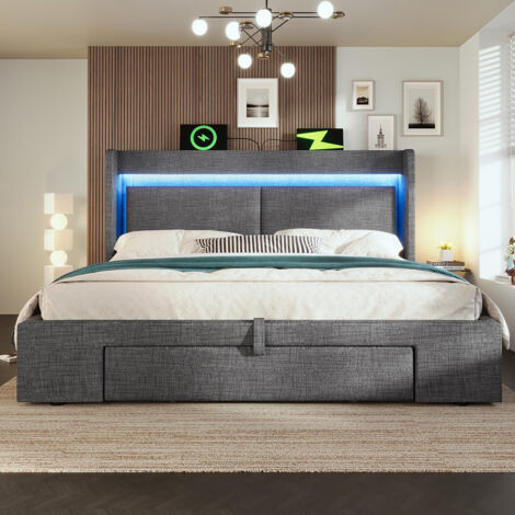 Lit adulte avec rangement hydraulique et tête de lit avec compartiment de rangement, éclairage LED et ports USB et USB-C, lin, gris-180x200 cm