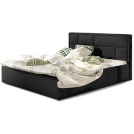 Lit adulte avec sommier Lenzo – Simili cuir rembourré-Noir-160x200