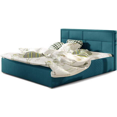 Lit adulte avec sommier Lenzo – Velours rembourré-Bleu canard-160x200