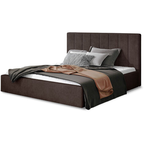 Lit adulte avec sommier Vareza – Tissu matelassé-Marron foncé-140x200-Version avec sommier