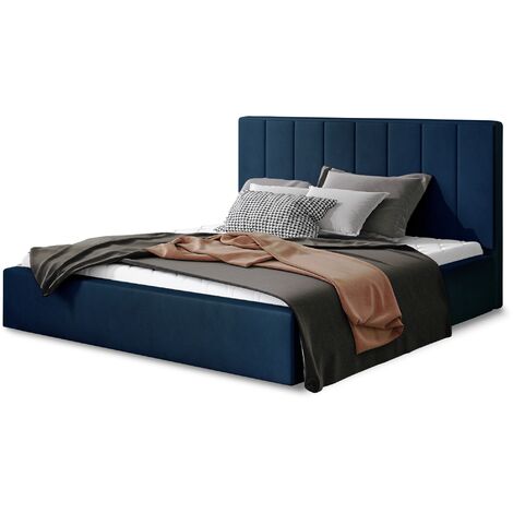 Lit adulte avec sommier Vareza – Velours matelassé avec sommier-Bleu foncé-160x200-Version avec sommier