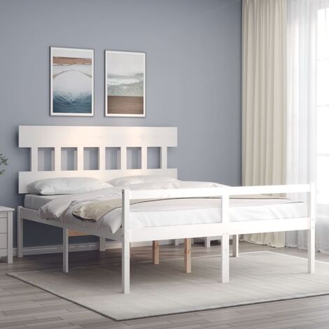 Lit adulte avec tête de lit - Cadre de lit - Lit simple blanc 160x200 cm bois massif -93464