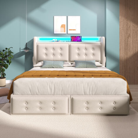 Lit adulte , avec tête de lit LED équipée d'un port USB-C et quatre tiroirs, coton, beige-140 x 200 cm