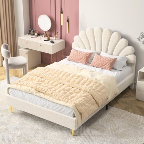 FORTUNA LAI Lit adulte capitonné 140x190 cm avec sommier en bois massif, velours, tête de lit fleurie, style scandinave lit simple, pour enfants, adolescents et adultes - Beige