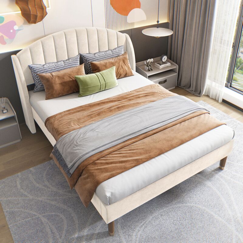 Tanant - Lit adulte 140x190cm, avec tête de lit, sommier à lattes, lit jeune, lit simple, support à lattes en bois, Velours, Beige
