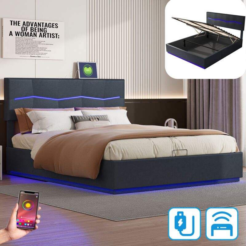 Lit adulte capitonné 140x200 cm, avec led en forme d'éclair, rangement, usb fonction de charge, sommier à lattes, lit double en similicuir - Noir