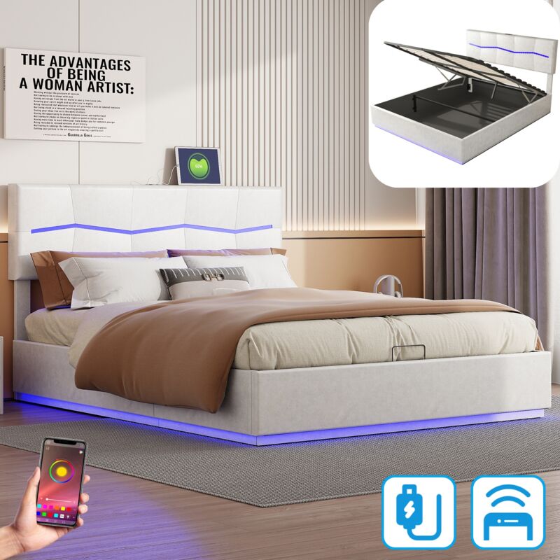 Lit adulte capitonné 140x200 cm, avec led en forme d'éclair, rangement, usb fonction de charge, sommier à lattes, lit double en similicuir - Beige