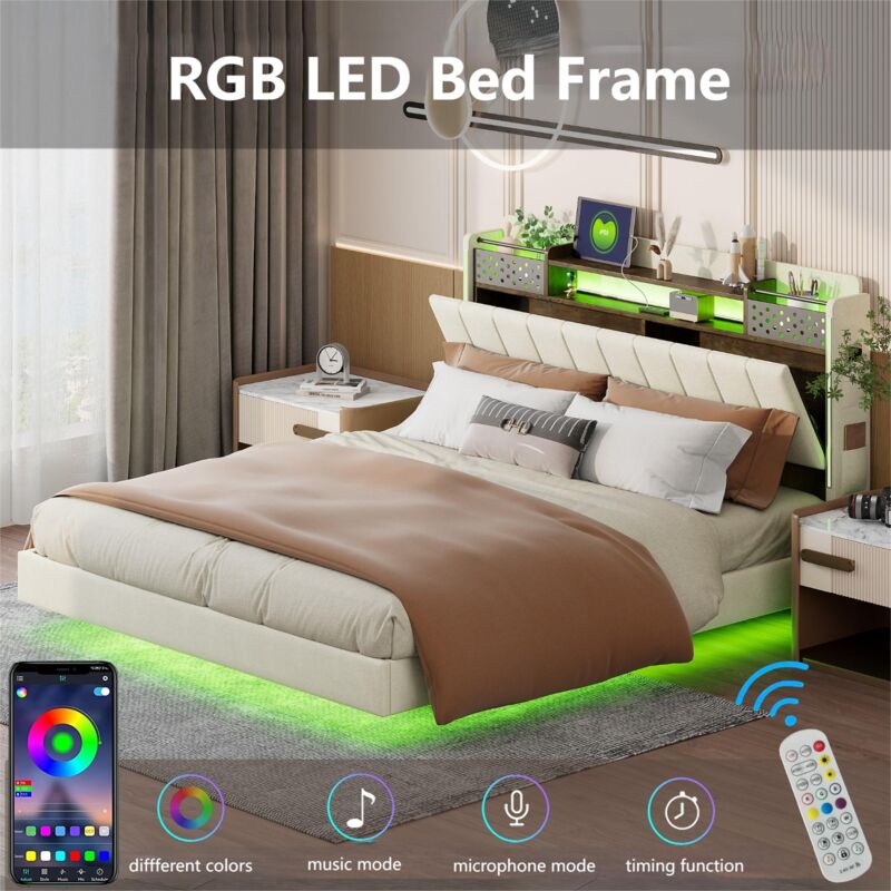 Lit adulte capitonné 160x200cm - en tissu lin - tête de lit avec prise usb et espaces de rangement - Beige