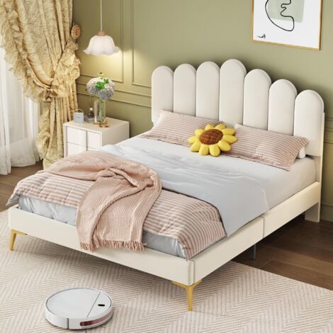 TANANT Lit adulte capitonné 140x200cm - Lit double avec tête de lit réglable en hauteur, sommier à lattes, pieds métal, lit adulte, velours, scandinave - Beige