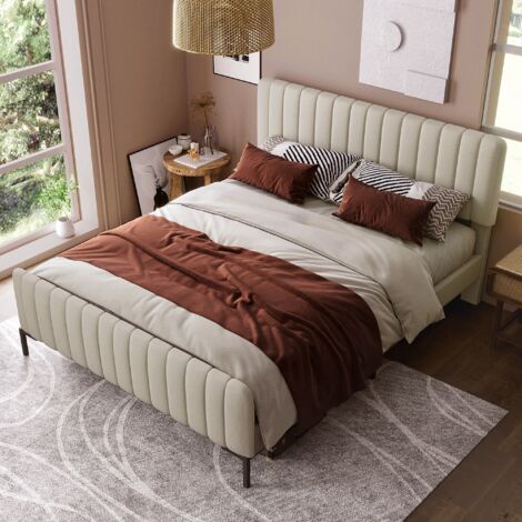 Lit adulte capitonné 140x200cm - lit double avec tête de lit réglable, sommier à lattes, style Scandinave lit adulte, Lin - Beige