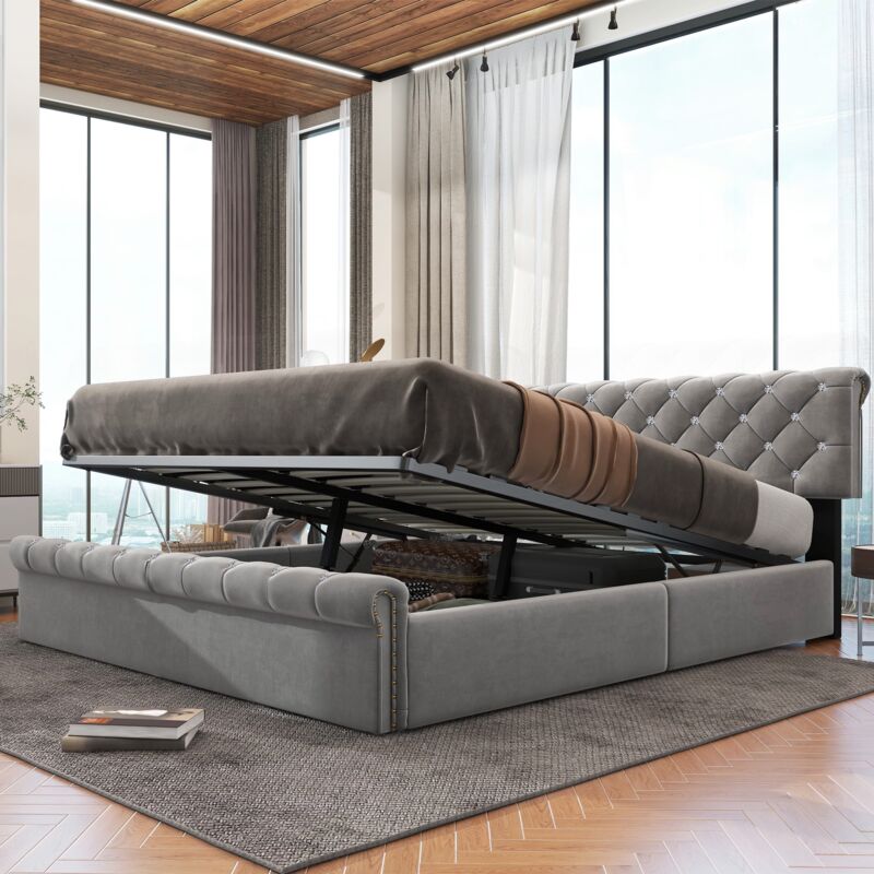 Lit adulte capitonné 160x200 cm, avec boutons en cristal, rangement, sommier en bois, cadre en métal, style classique, lit double en velours - gris