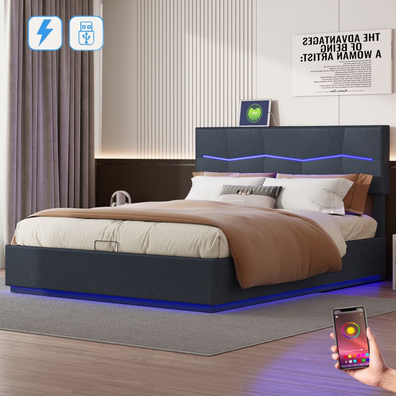 Lit adulte capitonné 160x200 cm, avec led en forme d'éclair, rangement, usb fonction de charge, sommier à lattes, lit double en similicuir - Noir
