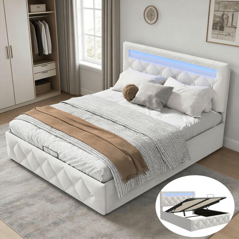 Lit adulte capitonné 160x200 cm avec rangement hydraulique, Lit coffre 160x200 cm avec sommier LED, Cadre de lit double, Velours, Blanc