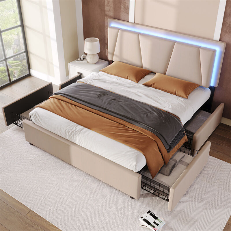 Lit adulte capitonné avec 4 tiroirs, Cadre de lit en métal avec sommier à lattes en bois, Tête de lit réglable en hauteur avec éclairage LED - Beige