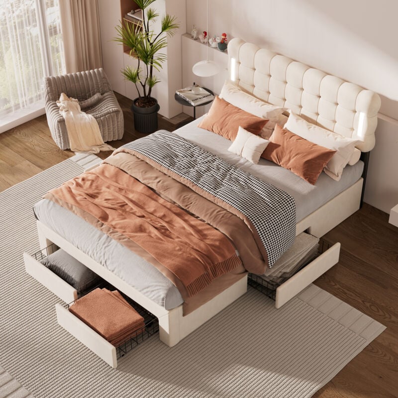 Lit adulte capitonné double 140 x 200 cm, 4 tiroirs, éclairage des 2 côtés du lit, beige, sans matelas