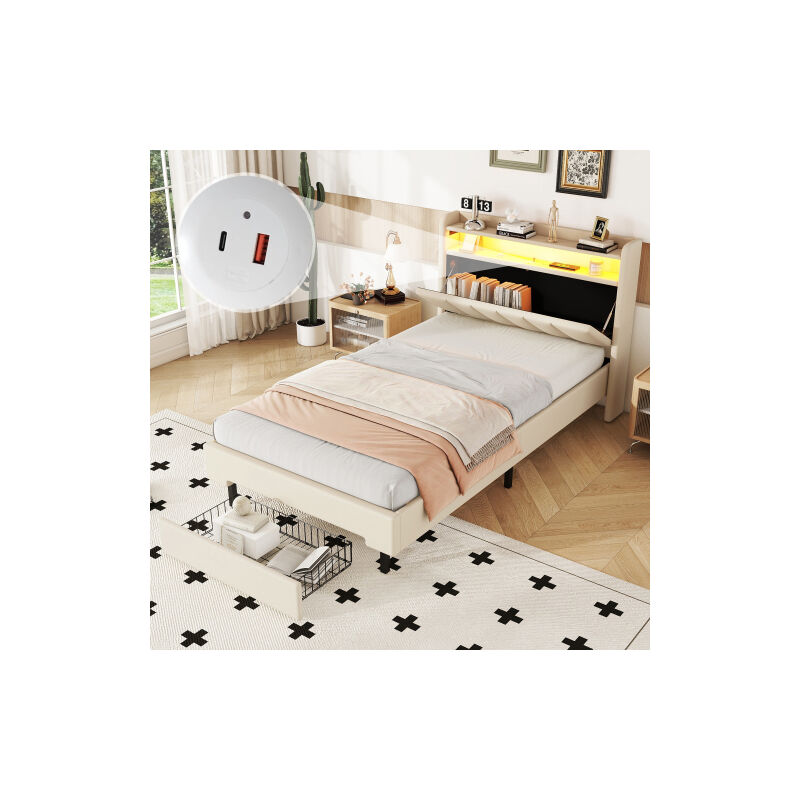 Wishdor - Lit adulte capitonné simple 90 x 200 cm avec lampe chauffante led, prise usb, tête de lit pliante, beige, sans matelas