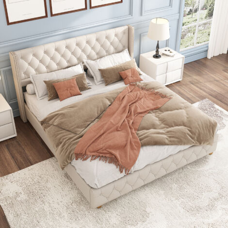 Lit adulte capitonné double 160 x 200 cm avec tête de lit de revêtement de boutons et rivets et sommier à lattes, pieds en bois, lin, beige, sans matelas