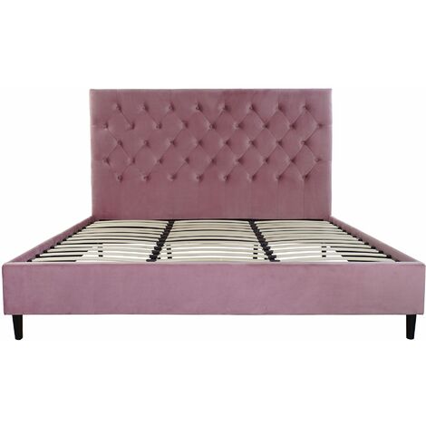 Lit adulte capitonné en bois et métal coloris rose - Longueur 187 x profondeur 210 x hauteur 137 cm -PEGANE-