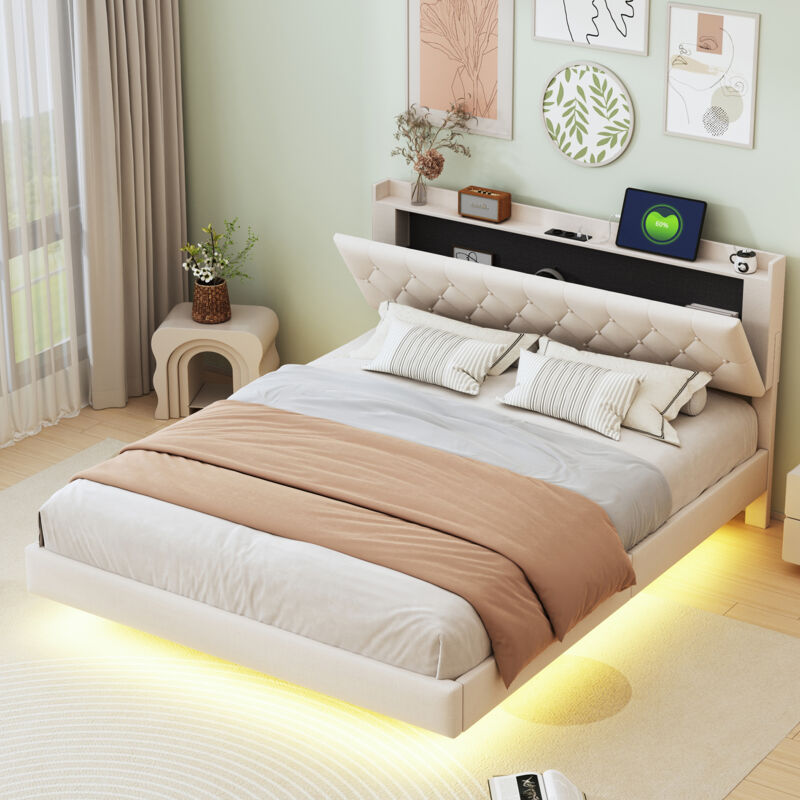 Lit adulte capitonné, port de chargement USB, LED à couleur changeante, lit double 160x200 cm, lin, beige, sans matelas