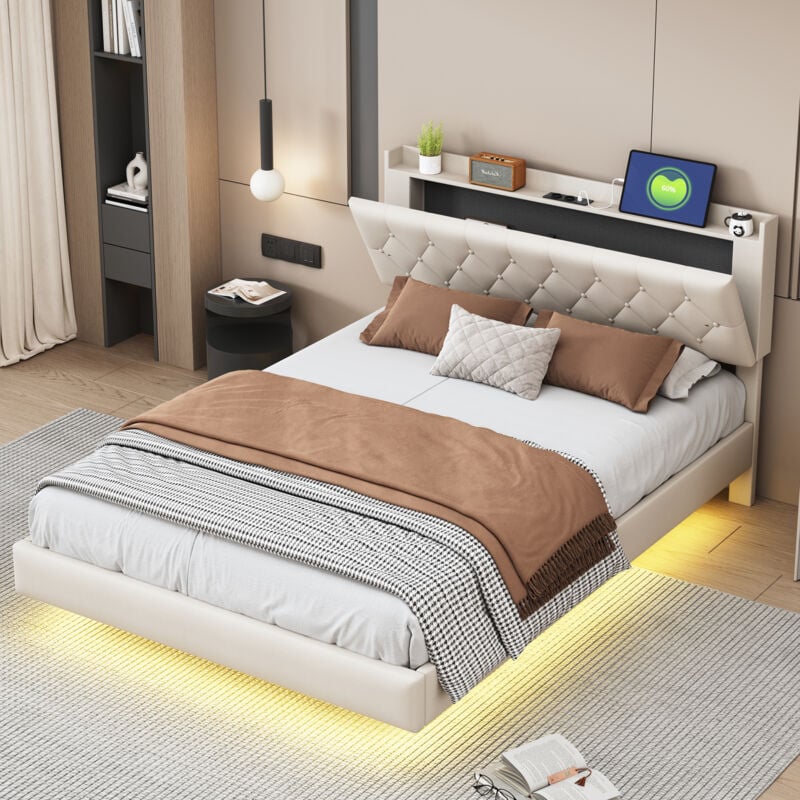 Lit adulte capitonné, port de chargement usb, led à couleur changeante, lit double 140x200 cm, lin, beige, sans matelas