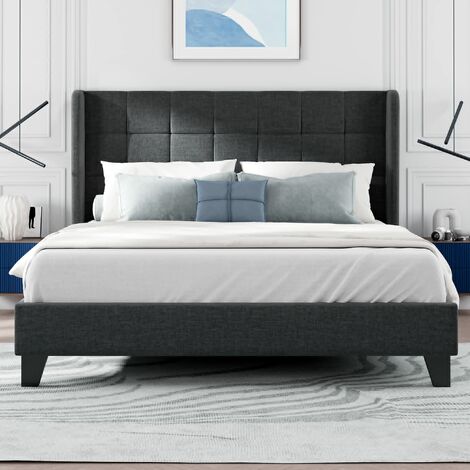 Lit adulte capitonné Tête de lit haute Design moderne 140x200 cm, lin gris (avec matelas à ressorts) - Gris
