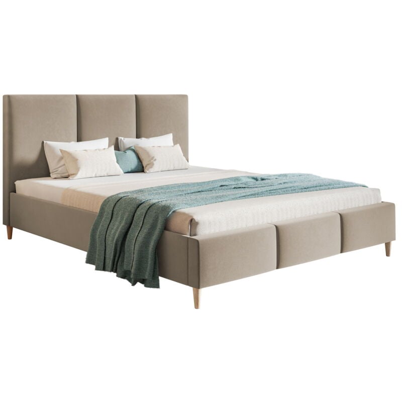 Lit adulte 160x200 Carlos, lit double avec sommier à lattes & tête de lit, velours - Meubles du fabricant - Beige (Jasmine 24)