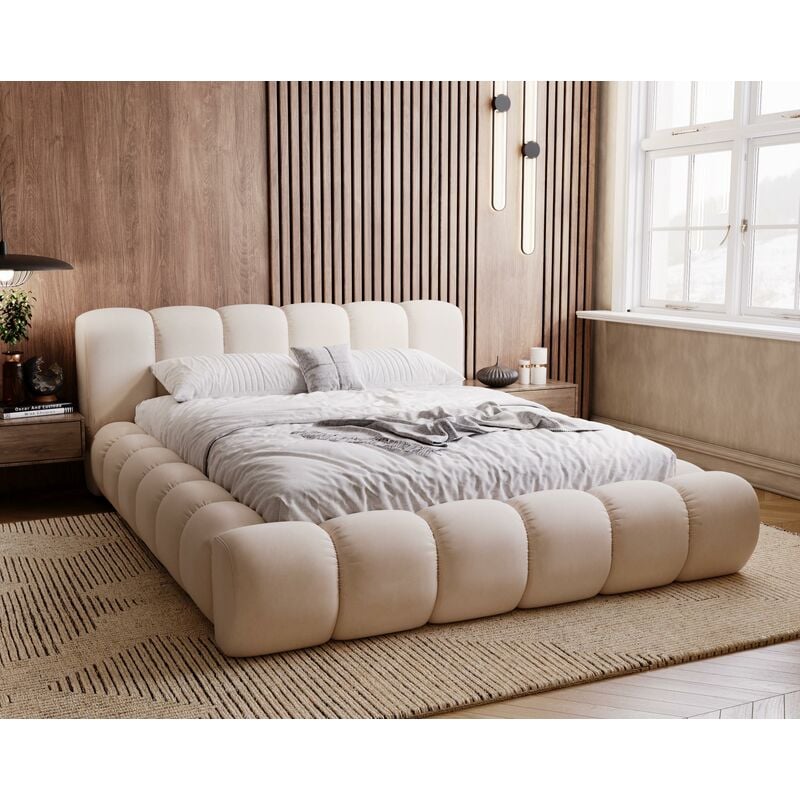 Lit adulte 140x200 cloud, Mousse épaisse, Stylé, Design Lit double - Lit avec sommier - Beige (Jupiter 11)