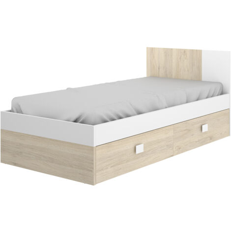Lit adulte coloris blanc, chêne naturel avec 2 tiroirs - Longueur 196 x Profondeur 97 x Hauteur 79 cm