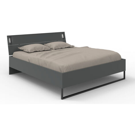 Lit adulte coloris graphite et verre noir, rechampis graphite - longueur 188 x profondeur 210 x hauteur 93 cm