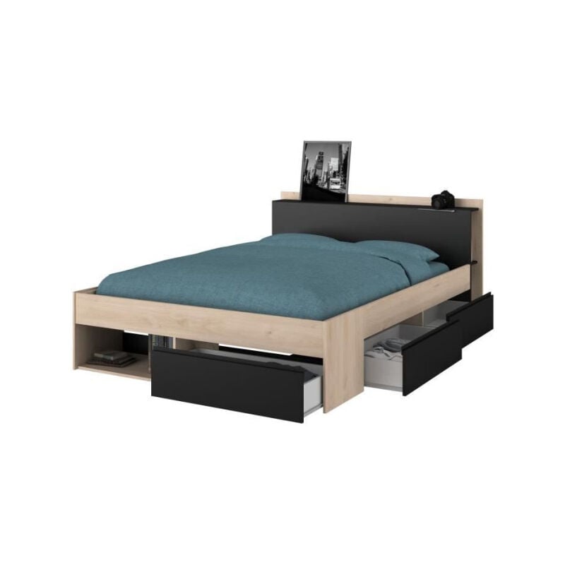 Parisot - Lit adulte combo 140x190/200 cm - Chene et noir - 3 Tiroirs