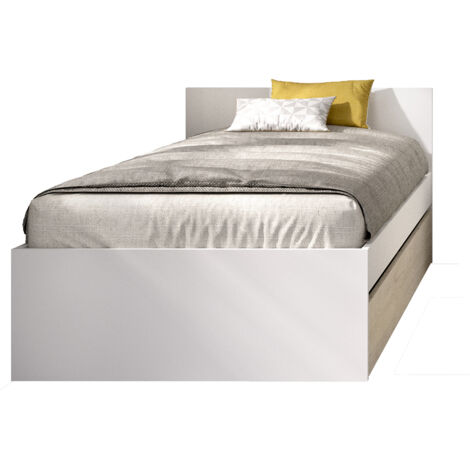 Lit adulte couchage 90X190 coloris chêne naturel, blanc avec 1 tiroir - Longueur 194 x Profondeur 95 x Hauteur 67 cm