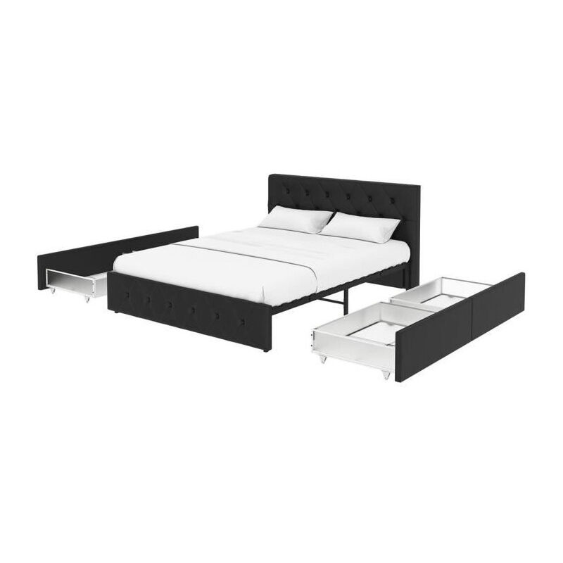 Lit adulte DAVID 160 x 200 cm - 4 tiroirs - Sommier inclus - Simili noir