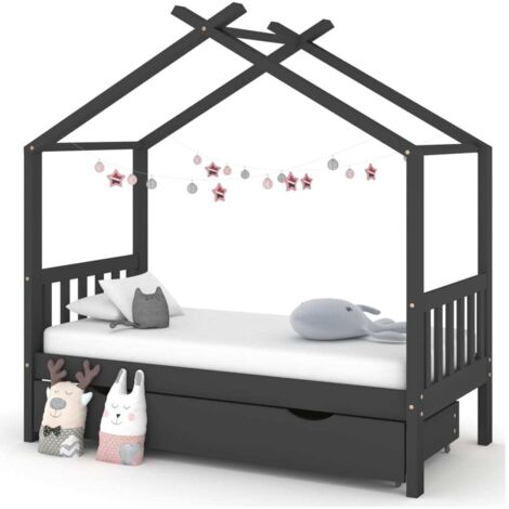 Lit adulte d'enfant  Cadre de lit Lit Grand avec un tiroir Gris foncé Pin 80x160 cm FR99121